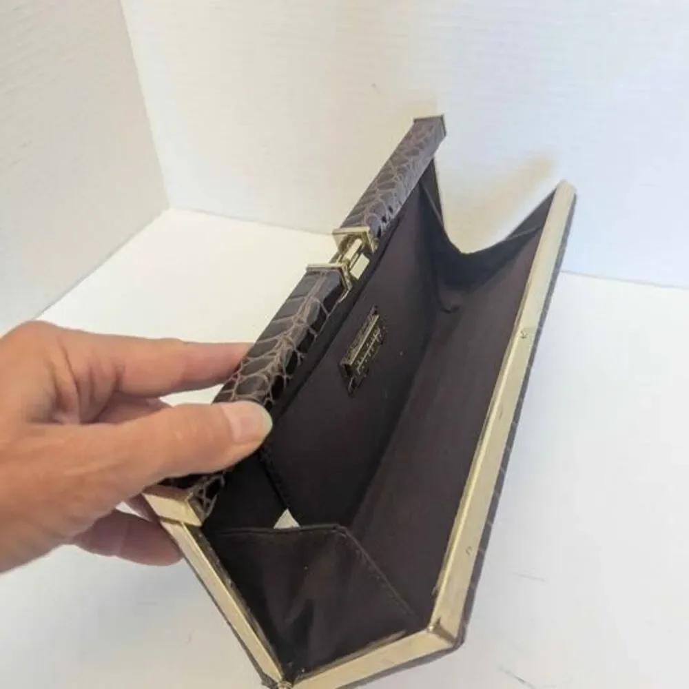 Vintage Joan Rivers Classics Brown Croc Envelope Clutch Purse for Her 11x4.5x.1